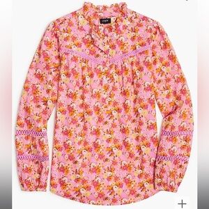 J. Crew Factory Floral Ruffleneck Shirt Long Sleeve Blouse Pink Orange Medium P2
